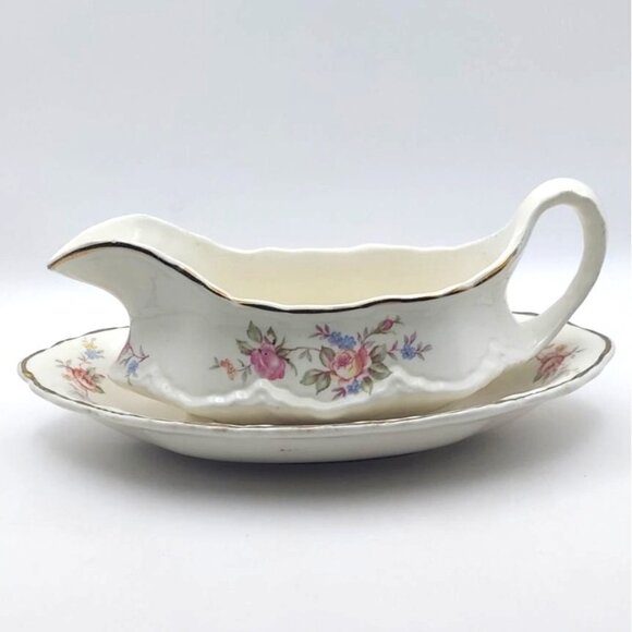 Vintage Homer Laughlin Gravy Boat & Underplate Floral Porcelain 1947 Eggshell - Picture 1 of 10
